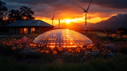 Obraz premium modern battery energy storage system with wind turbines and solar panel power plants in the background at sunset design 