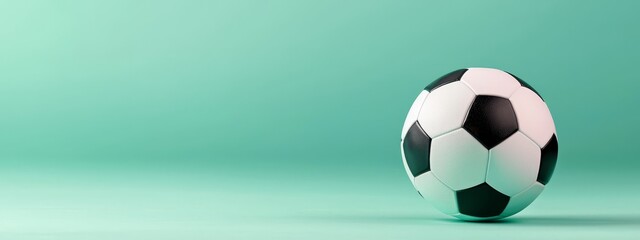 Naklejka premium A black-and-white soccer ball sits atop a blue and green texture with a light green background