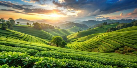 Fototapeta premium Beautiful natural background of lush tea plantations, Tea, plantations, green, nature, agriculture, landscape, scenic, farm