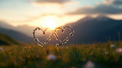 Delicate branches adorned with small flowers form two intertwined hearts, set against the backdrop of a sunrise over misty mountains.