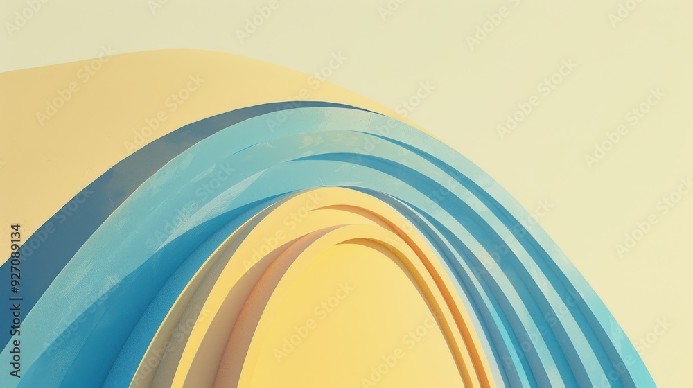 Poster a close-up photograph captures the abstract shapes of a curved blue and yellow wall, forming an arch
