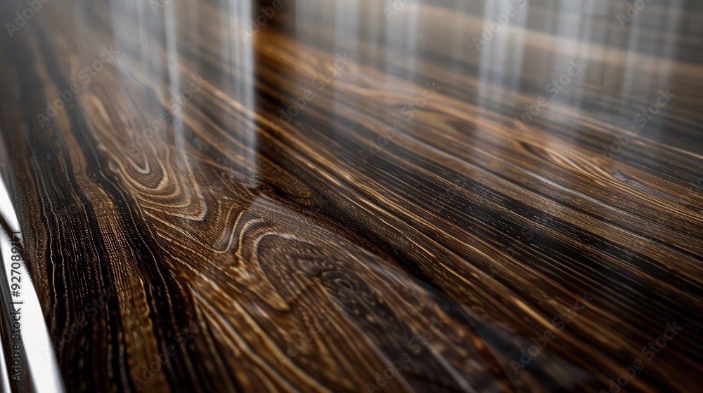Aufkleber a close-up photograph captures the intricate grain patterns of dark wood. the wood has a glossy fini