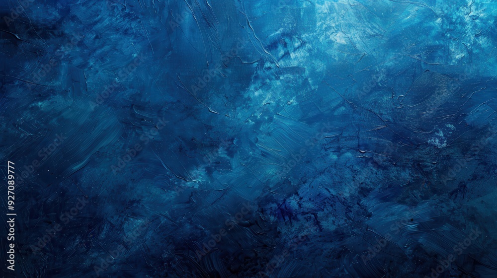 Poster The image is a close-up of an abstract blue paint texture. The texture is rough and uneven, with a variety of shades of blue. The paint has been applied in thick strokes, creating a sense of depth and