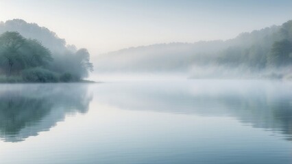 Fototapeta premium Gentle fog rolling over a calm lake, soft grays and blues, serene atmosphere