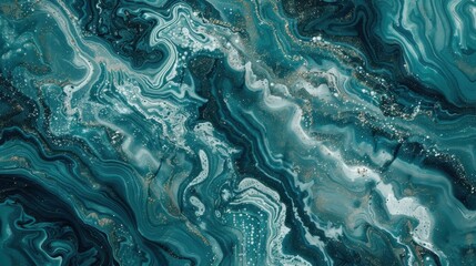 Naklejka premium A close-up abstract painting of swirling teal, white, and gold liquid creating a marbleized effect.