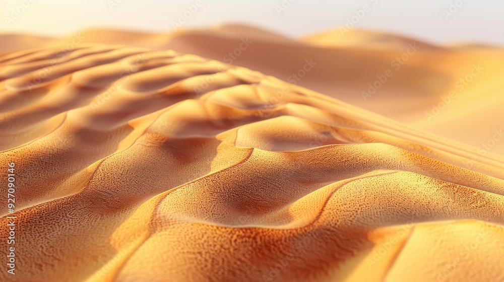 Poster A close-up view of sand dunes in a desert at sunset, showcasing the intricate patterns and textures of the sand. The warm light of the setting sun casts a golden glow on the landscape, creating a visu
