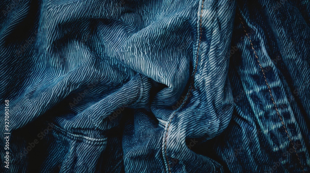 Aufkleber A close-up view of the texture of denim fabric, showing the intricate weave and the faded blue color. The fabric is crumpled and folded, creating a sense of depth and texture. The image is well-lit, h