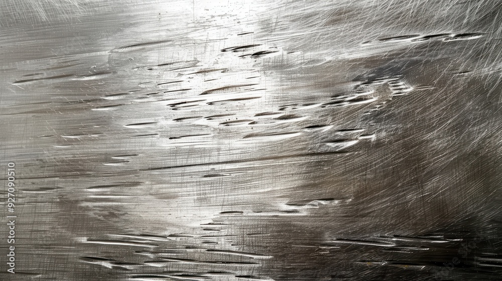 Poster A close-up image of a metal surface showing scratches, marks, and light reflections. The surface has a weathered, worn appearance, with visible grooves and lines running in different directions.