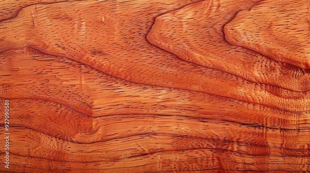 Poster A close-up shot of red wood grain with a distinctive pattern of swirls and lines. The natural texture of the wood is highlighted by the light reflecting off its surface.