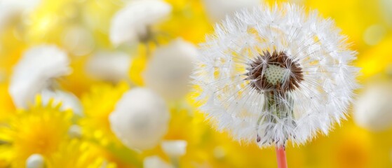  A tight shot of a dandelion with yellow and white blooms in the backdrop Foreground features a softly focused dandelion image