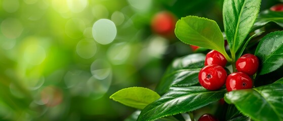 Obraz premium A tight shot of red berries on a verdant branch, sunlight illuminating the foliage behind