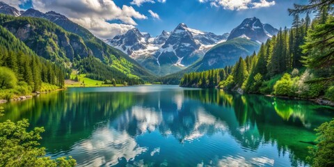 Fototapeta premium Beautiful lake nestled in the mountains, surrounded by lush greenery and snow-capped peaks, lake, mountains, nature, scenery