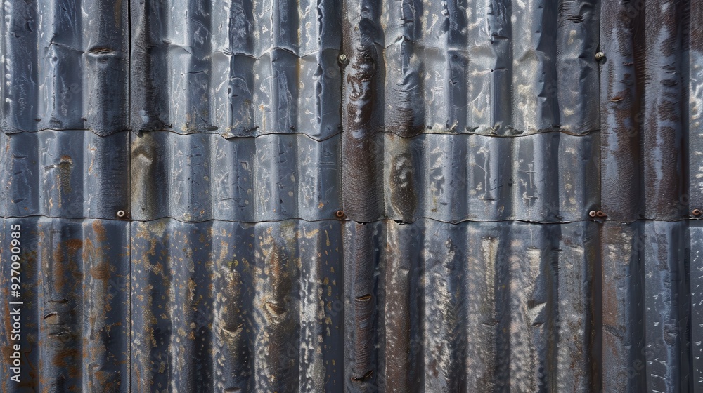 Poster the image shows a close up of weathered corrugated metal siding. the metal is a dark grey color and 