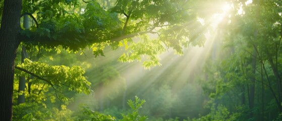  A tree's leaves filter sunlight in a verdant forest, featuring a nearby bench in the foreground