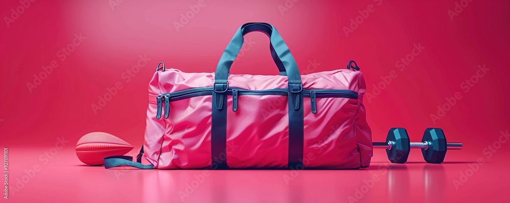 Poster Blue gym bag and sports accessories on pink background 