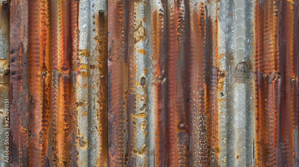 Poster a close-up shot of a metal surface covered in rusty streaks and lines. the metal is corrugated, crea