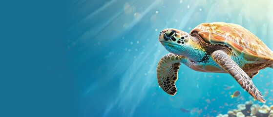  A painting of a sea turtle swimming in the ocean Corals populate the foreground, and the background is filled with blue water