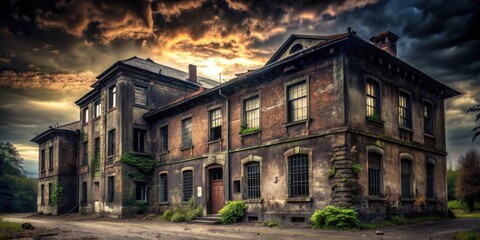 Dark and dirty old building , abandoned, rundown, decaying, dilapidated, neglected, grimy, shabby, aged, musty