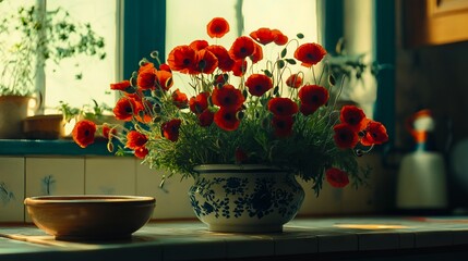 Fototapeta premium A vase of red poppies sitting on a kitchen counter next to a bowl