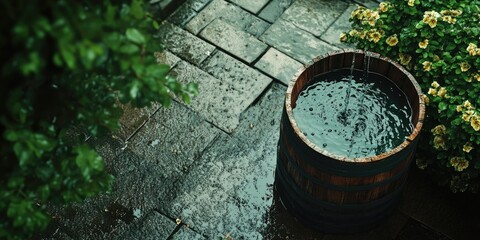 Naklejka premium Wooden Barrel and Bush