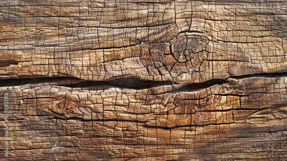 Aufkleber The image shows a close-up view of a weathered wooden plank with a knot and numerous cracks. The wood is a rich brown color with shades of gray and has a rough, textured surface.