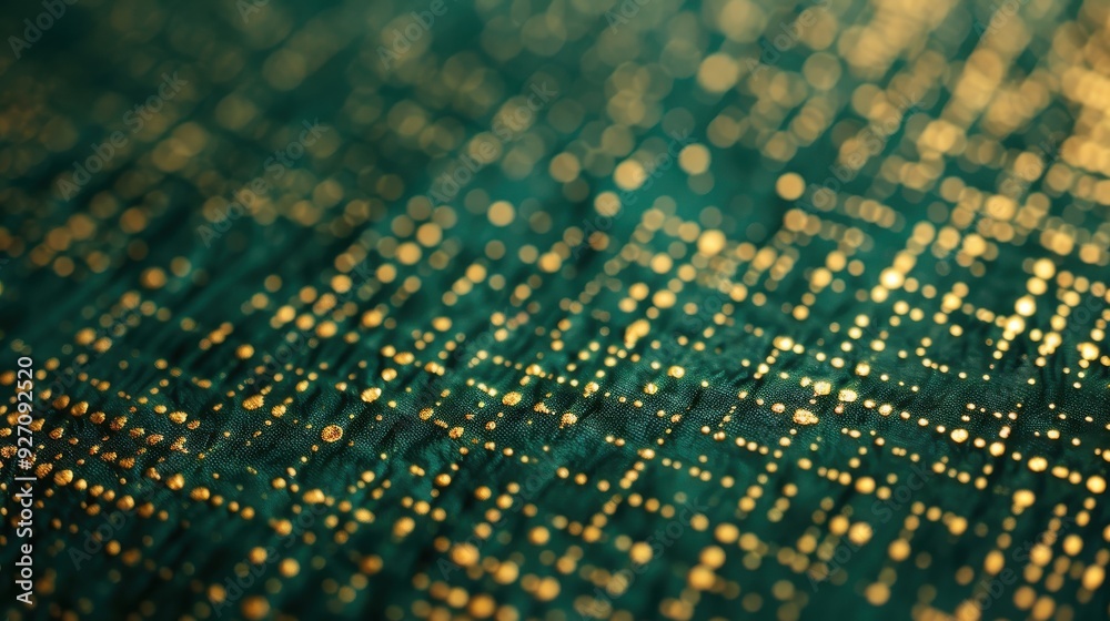 Aufkleber a close-up, macro photograph of a textured green fabric with small, round gold glitter particles sca