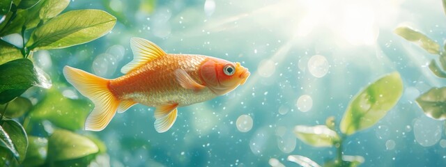 Fototapeta premium A tight shot of a goldfish swimming against clear water, adorned with green plants and lush leaves in the front