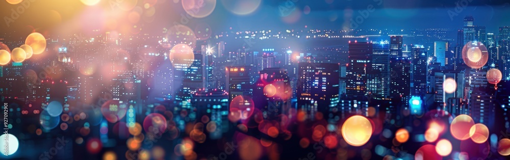 Aufkleber An elevated view of a modern city at night, with tall buildings illuminated and shimmering in the darkness. Out-of-focus lights create a vibrant bokeh effect, adding a sense of energy and dynamism to 