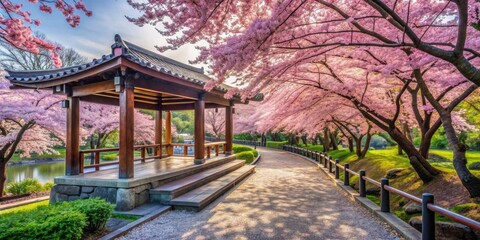 Fototapeta premium Cherry blossom walkway leading to a Japanese pavilion in a serene park setting, cherry blossom, walkway, Japanese pavilion, park