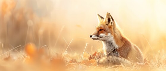 Obraz premium A fox up-close in a yellow grass field, surrounded by brown and orange autumn leaves