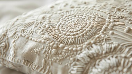Obraz premium A close-up image of a cream-colored pillow decorated with intricate white embroidery. The design features a large, circular motif in the center, resembling a stylized flower, surrounded by smaller, de