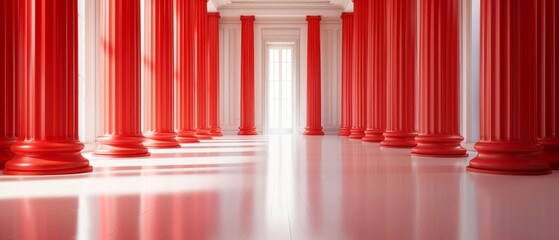 Obraz premium A white room houses a single row of red columns Each column bears a clock at its peak, while a window is centrally situated within the room