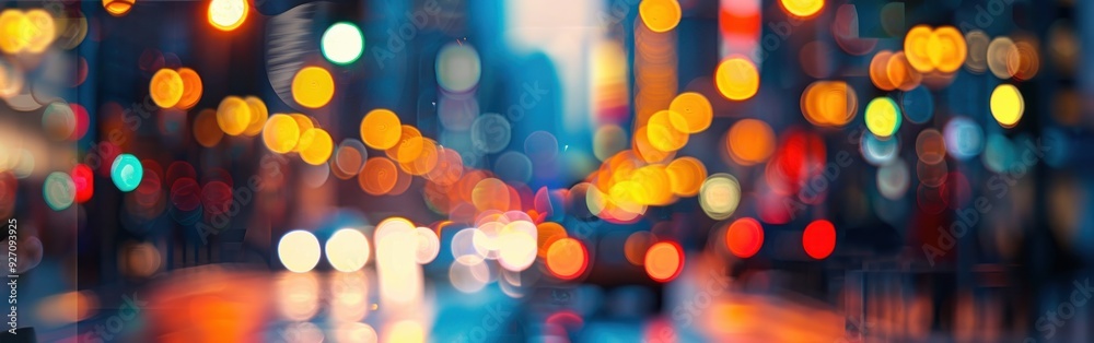 Poster A close-up shot of blurred city lights at night, creating a colorful and dynamic abstract pattern. The bright lights shine through the dark, showcasing the vibrant energy of a bustling urban environme