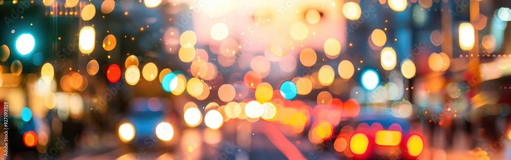 Poster the image is a blurred view of a city street at dusk. the lights of cars and buildings are out of fo