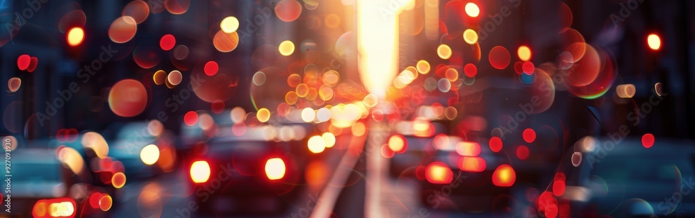 Aufkleber out-of-focus city lights blur together, creating a colorful abstract pattern with a bright yellow su