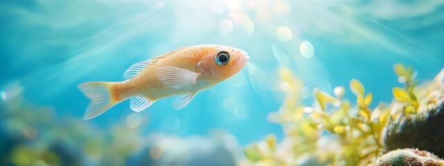 Naklejka premium A goldfish, its golden scales gleaming, nestles close-up within aquarium glass Algae decorates the tank's walls, sun rays filtering through Water