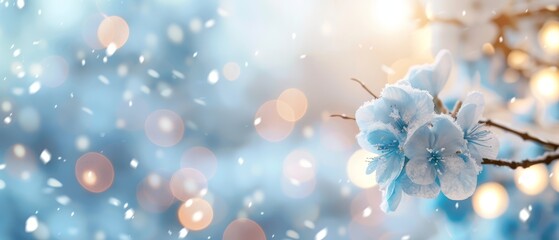  A flower on a tree branch, closely framed Snowfall outside, lights softly glowing behind