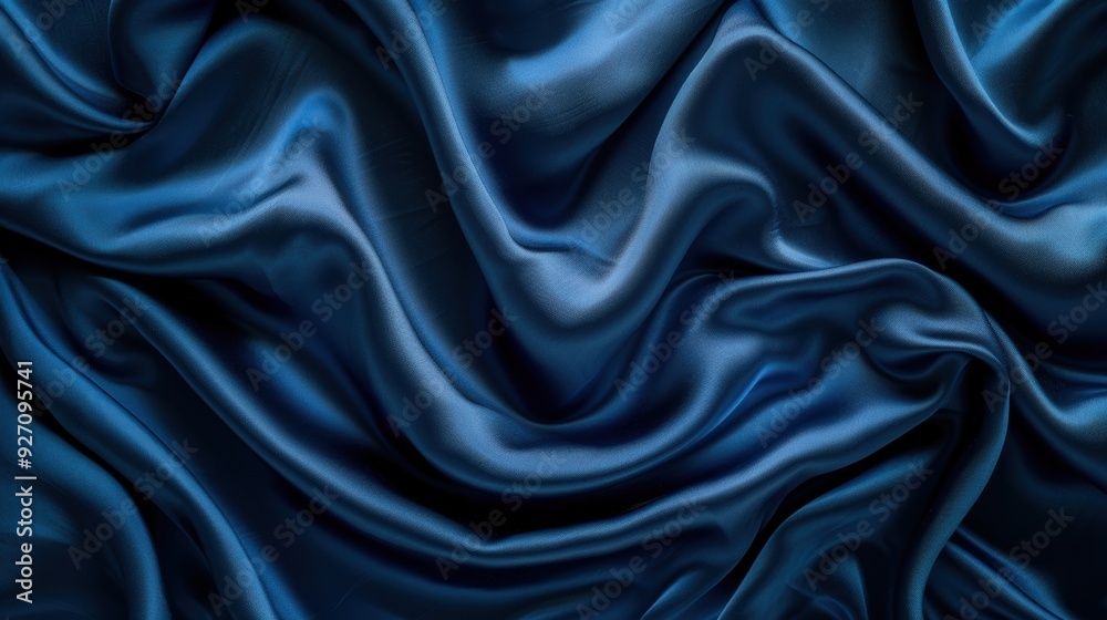 Poster The image shows a close-up of smooth, dark blue satin fabric draped in soft waves. The fabric is arranged in a series of gentle folds and curves, creating a luxurious and elegant visual effect. The li