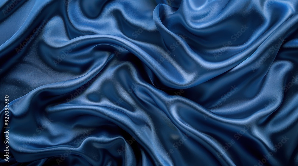 Poster a close-up image of smooth, blue silk fabric draped and folded, creating a wave-like pattern. the fa