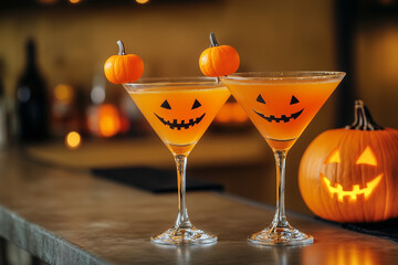 Two pumpkin martini on the bar counter with jack-o-lantern for Halloween party