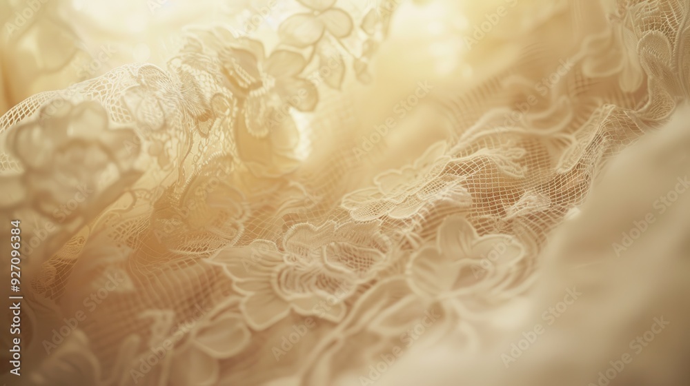 Poster a close-up shot of white lace fabric with a floral pattern. the fabric is draped and illuminated by 