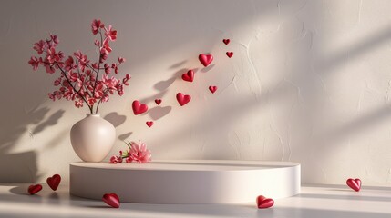 Elegant minimalist scene with a white vase holding pink flowers, surrounded by red hearts in soft sunlight.