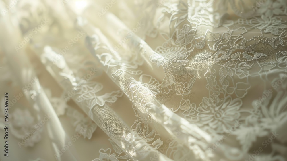 Poster a piece of white lace fabric with a floral design is draped and illuminated by sunlight. the delicat