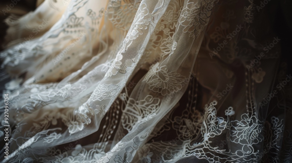 Poster A close-up shot of soft, white lace fabric with intricate floral patterns. The fabric is draped over a dark surface, creating a subtle interplay of light and shadow. The delicate embroidery and flowin