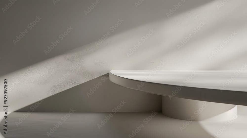 Poster a white circular shelf juts out from a wall, with a beam of sunlight casting a shadow on the surface