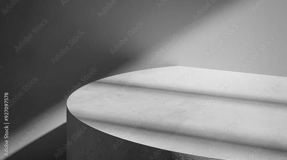 Poster A circular concrete platform sits in a minimalist setting, illuminated by streaks of light. The platform is smooth and appears to be part of a larger structure. The lighting creates a stark contrast, 