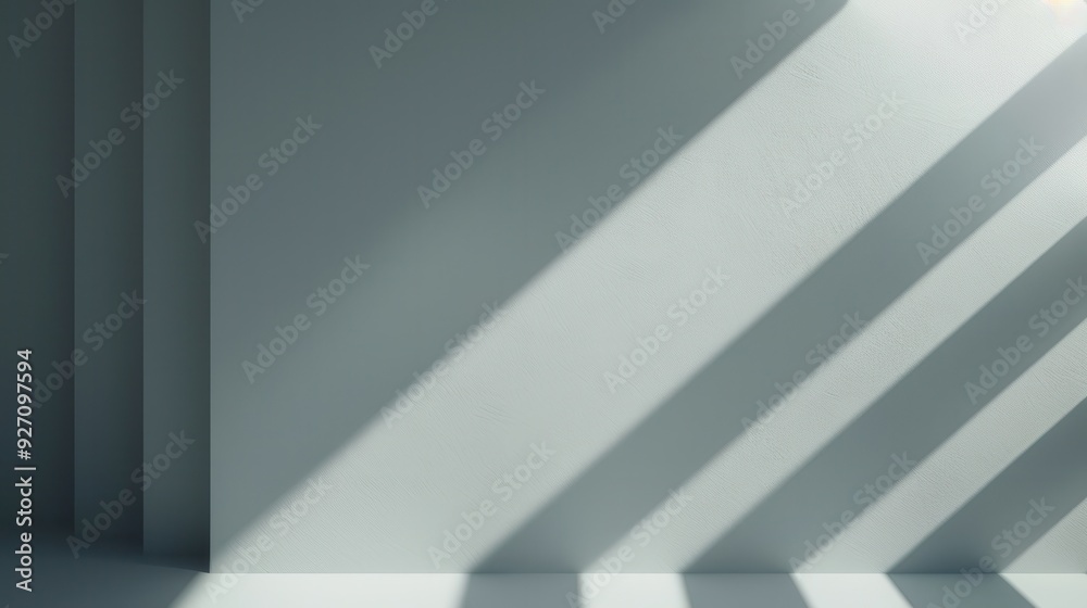 Aufkleber Sunlight streams through a window, casting long, diagonal shadows across a white wall in a modern interior. The shadows are sharp and defined, creating a dynamic and geometric pattern.