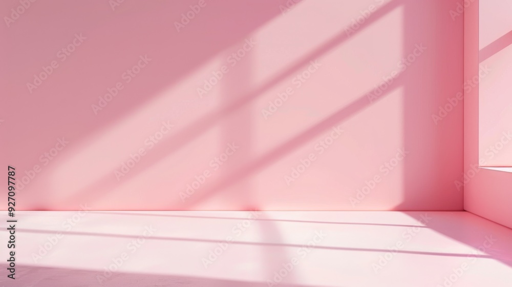 Poster a pink wall with a window in the corner, casting long shadows on the wall and floor. the light from 