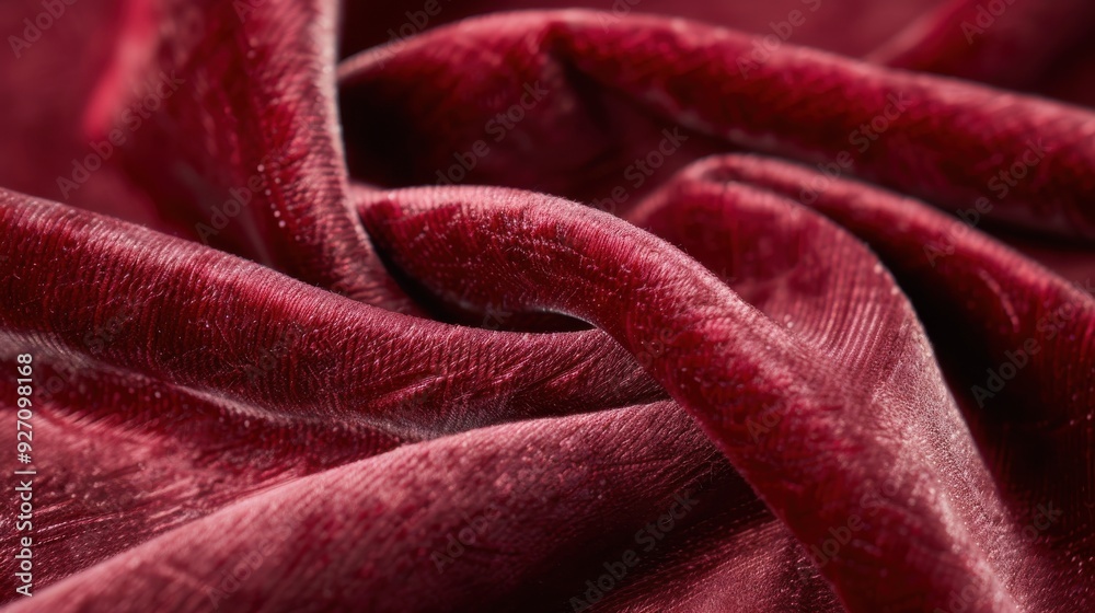 Poster A close-up image captures the soft texture of red velvet fabric. The material is folded and draped, revealing a subtle pattern woven into the fabric. The deep, rich red color adds a touch of elegance 