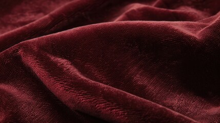 Fototapeta premium The image shows a close-up of red velvet fabric, with the soft texture and folds of the fabric visible. The deep, rich color of the fabric is evident, and the texture of the fabric is emphasized by th